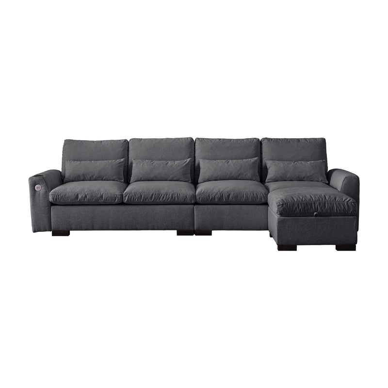 Modern Modular L Shaped Chenille Sofa Couch Reversible Ottoman With Storage Removable And Washable Cushions Sofa With USB Ports & Cup Holder For Living Room