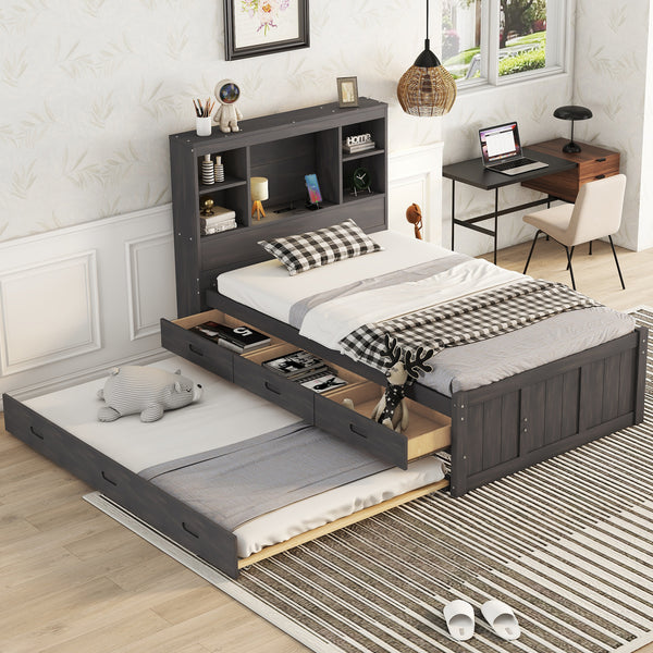 Twin Size Platform Bed with Storage Headboard, Charging Station, Twin Size Trundle and 3 Drawers, Antique Brown