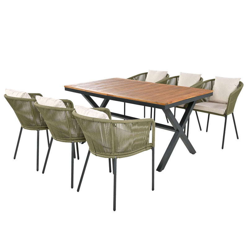 7 Pieces Patio Dining Set, All-Weather Outdoor Furniture Set With Dining Table And Chairs, Acacia Wood Tabletop, Metal Frame, For For Garden, Backyard, Balcony - Green