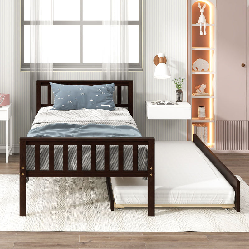 Twin Bed With Trundle, Platform Bed Frame With Headboard And Footboard, For Bedroom Small Living Space, No Box Spring Needed