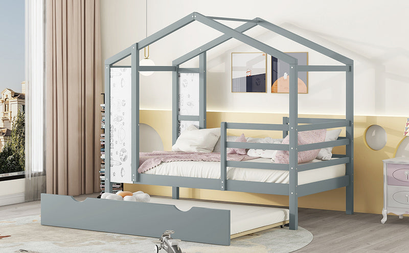 Twin Size Wood House Bed with Fence and Writing Board, Gray