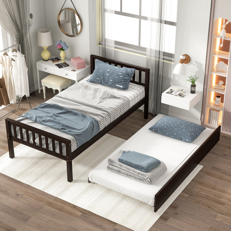 Twin Bed with Trundle, Platform Bed Frame with Headboard and Footboard, for Bedroom Small Living Space,No Box Spring Needed,Espresso(Old SKU:W50440557)