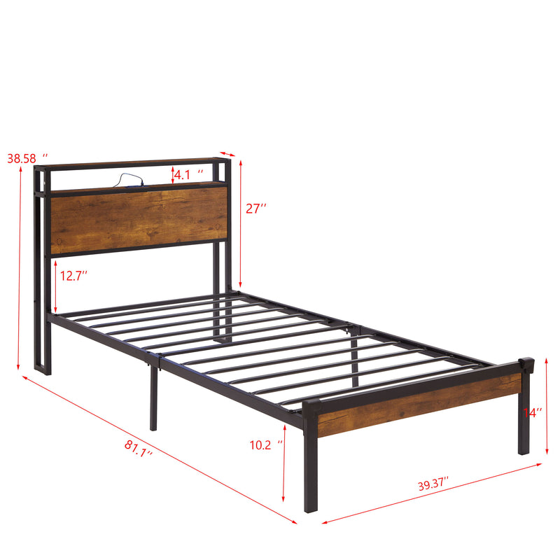 Twin Size Metal Platform Bed Frame With Wooden Headboard And Footboard With USB Liner, No Box Spring Needed, Under Bed Storage - Brown