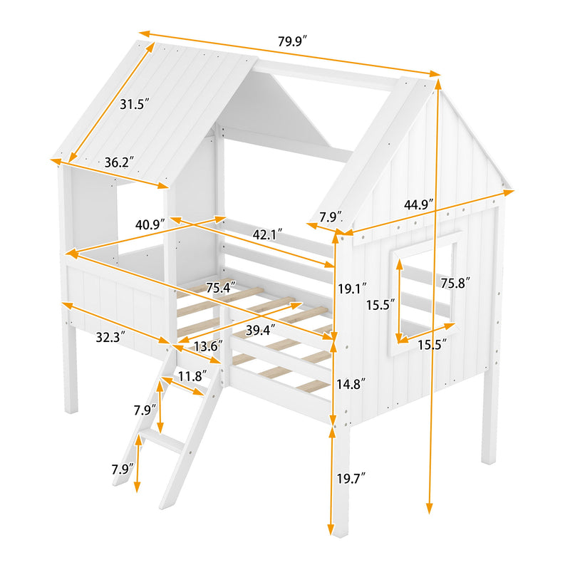 Twin Size Low Loft Wood House Bed With Two Side Windows - White