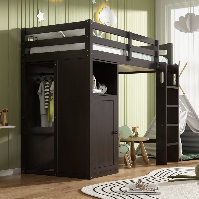 Twin Loft Bed with Wardrobe, Storage Shelves and Ladder, Espresso