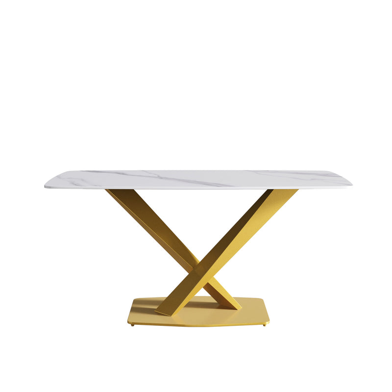 63" Modern Artificial Stone White Curved Metal Leg Dining Table, 6 People - White / Gold