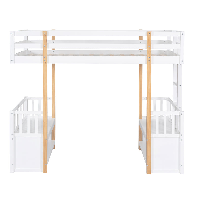 Wood Twin Size Loft Bed with 2 Seats and a Ladder, White