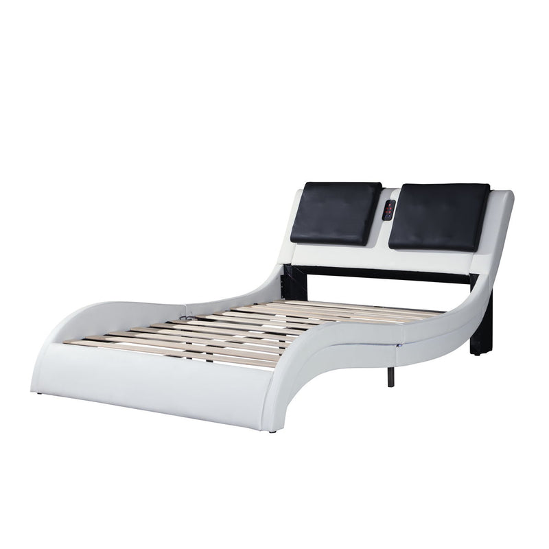 Queen Size Upholstered Platform Bed Frame With LED Lighting, Bluetooth Connection To Play Music Control, Backrest Vibration Massage, Curve Design, Wood Slat Support, No Box Spring Needed - White