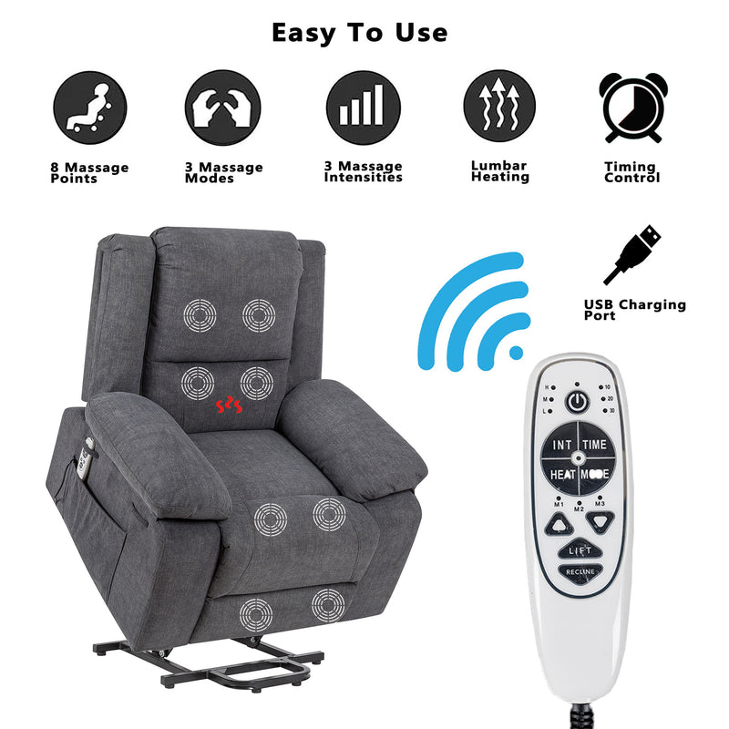 Electric Power Recliner Chair With Massage For Elderly, Remote Control Multi-Function Lifting, Timing, Cushion Heating Chair With Side Pocket