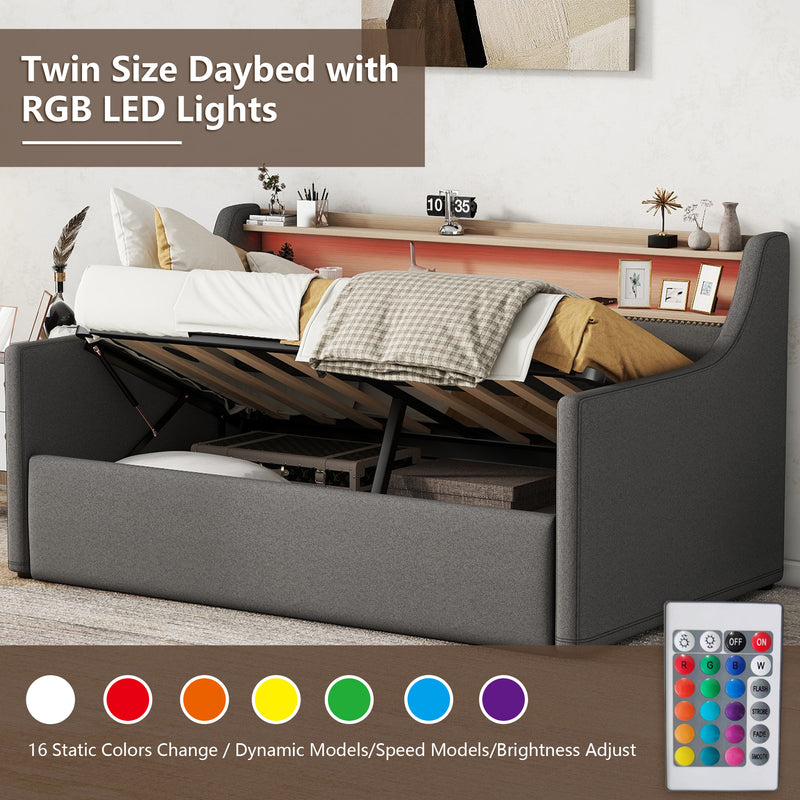 Twin Size Daybed with Hydraulic Storage, Upholstered Daybed with Lift Up Storage, Twin Linen Daybed with Charging Station and LED Lights,Gray(Expect arrival date 2024.2.20)