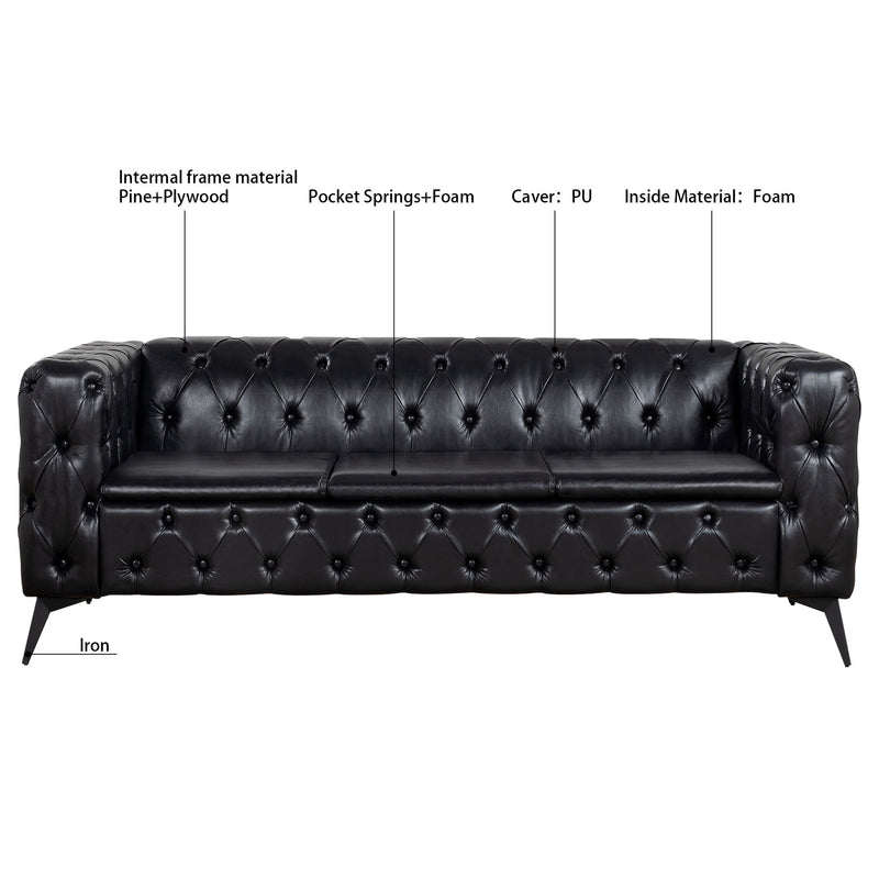 Square Arm Removable Cushion 3 Seater Sofa - Black