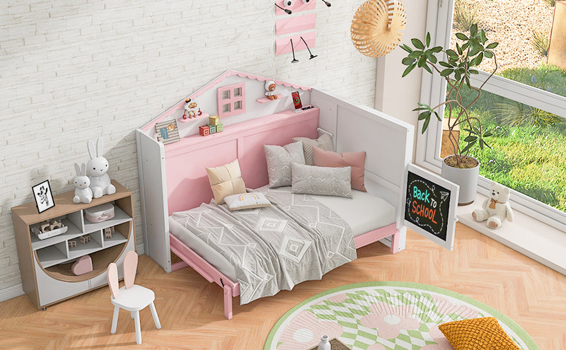 Wood Twin Size House Murphy Bed with USB, Storage Shelves and Blackboard, Pink+White