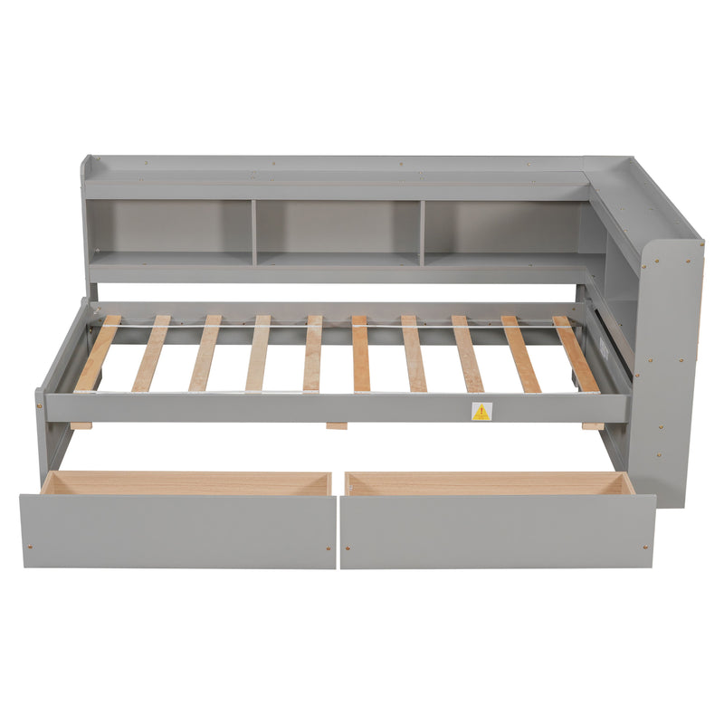 Twin Bed With L-Shaped Bookcases, Drawers - Gray