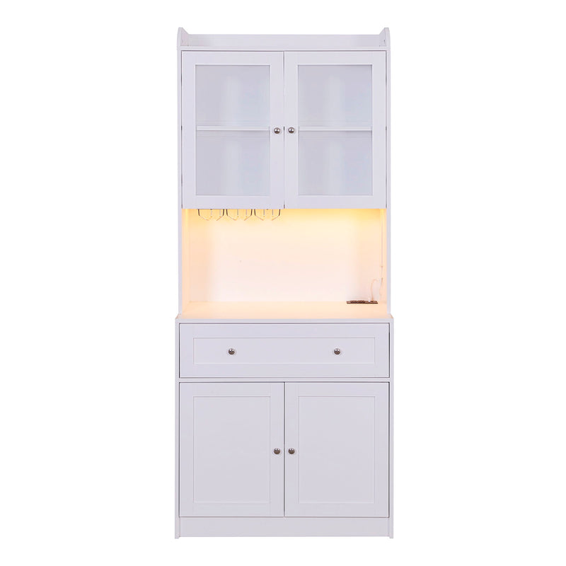 Tall Kitchen Pantry Storage Cabinet With Lights And Charging Station, Modern Kitchen Hutch Bar Cabinet With Microwave Stand, Wood Buffet Sideboard With 1 Drawer For Kitchen, Dining Room - White