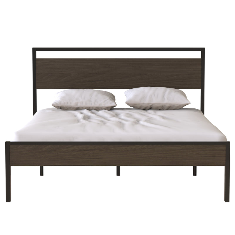 Ceres Metal Bed, Black with Walnut Wood Headboard&Footboard, Queen