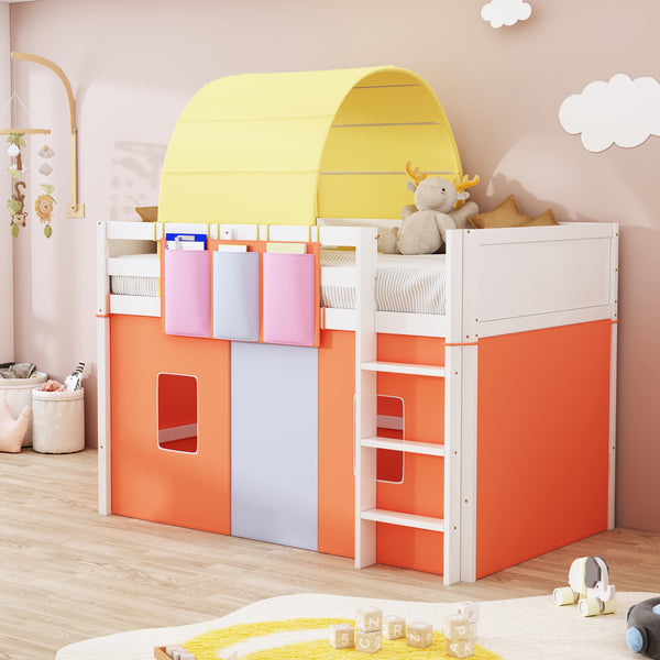 Twin Size Loft Bed with Tent and Tower  and  Three Pockets- Orange