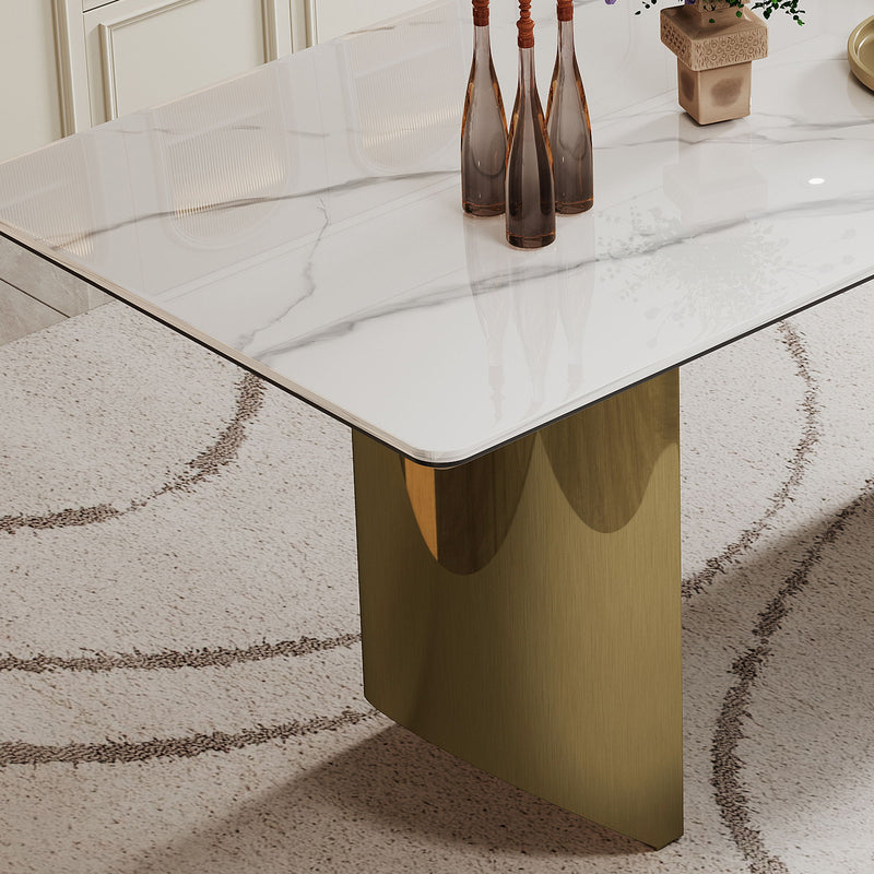 Sintered Stone Composite Tempered Glass Top Dining Table With Stainless Steel Base