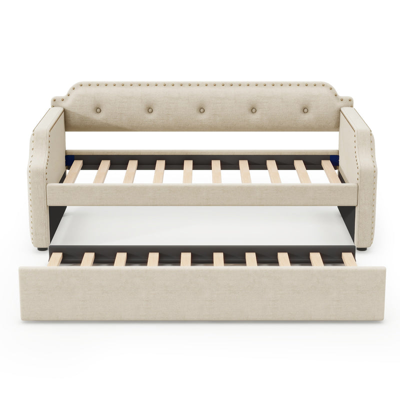 Upholstered Daybed with Trundle, Wood Slat Support,Upholstered Frame Sofa Bed, Twin, Beige