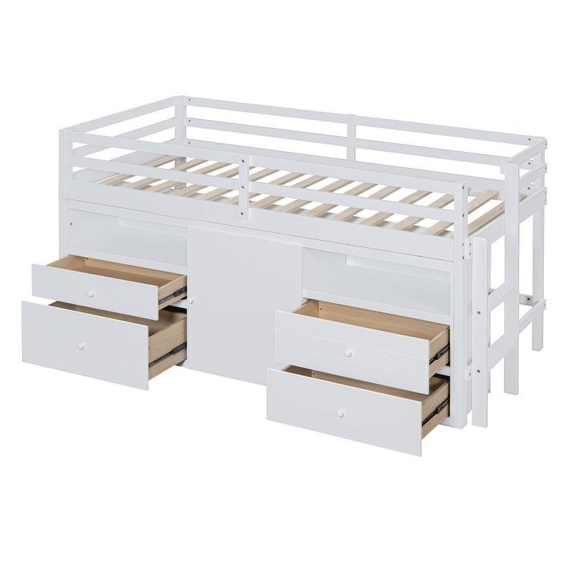 Twin Size Loft Bed with 4 Drawers, Underneath Cabinet and Shelves, White