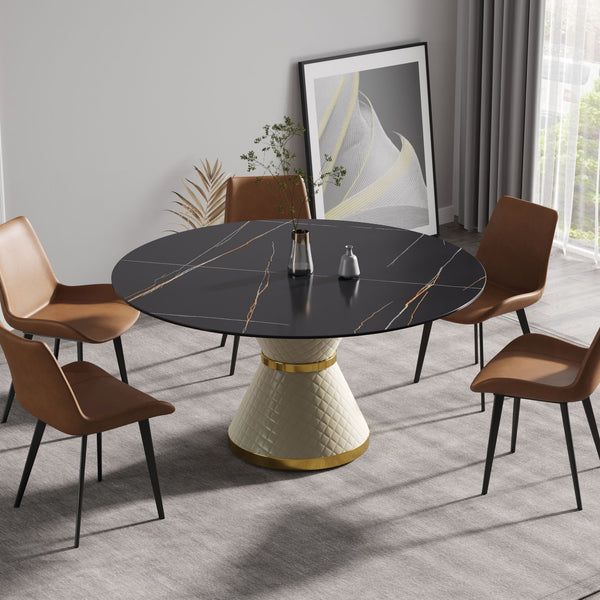 59.05" Modern Artificial Stone Round Carbon Steel Base Dining Table, Can Accommodate 6 People - Black / White