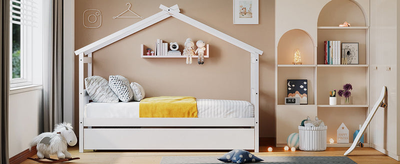 Twin Size Wooden House Bed With Twin Size Trundle - White