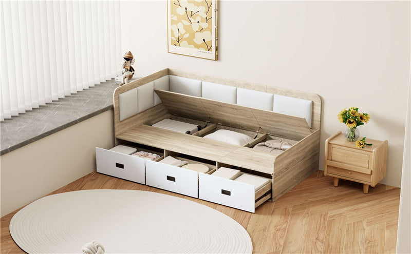 Twin Size Daybed With Three Drawers And Three Storage Compartments - Nature / Beige