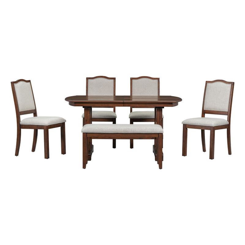 Extendable Wood Dining Table With Removable Leaf, Kitchen Table Set With 4 Upholstered Side Chair And Bench, Dining Table Set For 6 - Cherry