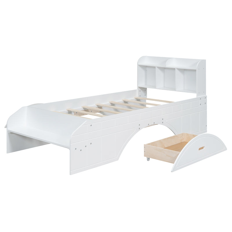 Wood Twin Size Platform Bed with 2 Drawers, Storage  Headboard and Footboard, White