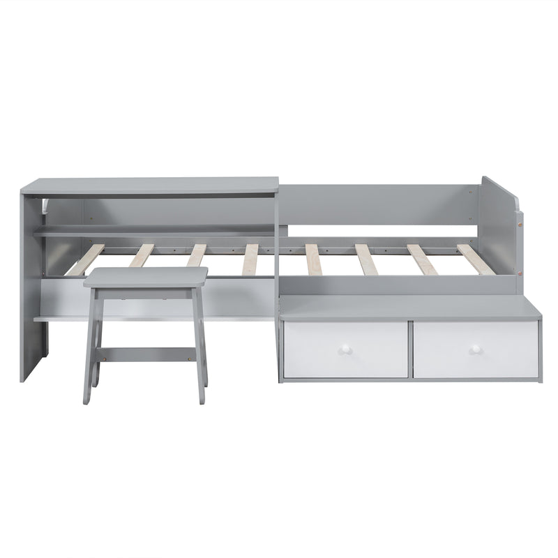 Wood Twin Size Platform Bed with 2 Drawers and 1 Chair&Desk Set, Gray+White