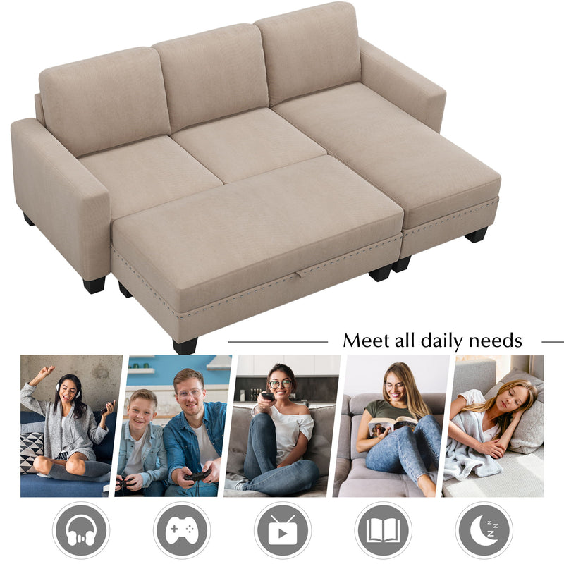 Reversible Sectional Couch With Storage Chaise L-Shaped Sofa For Apartment Sectional Set, Sectional Sofa With Ottoman, Nailhead Textured Linen Fabric 3 Pieces Sofa Set - Warm Gray