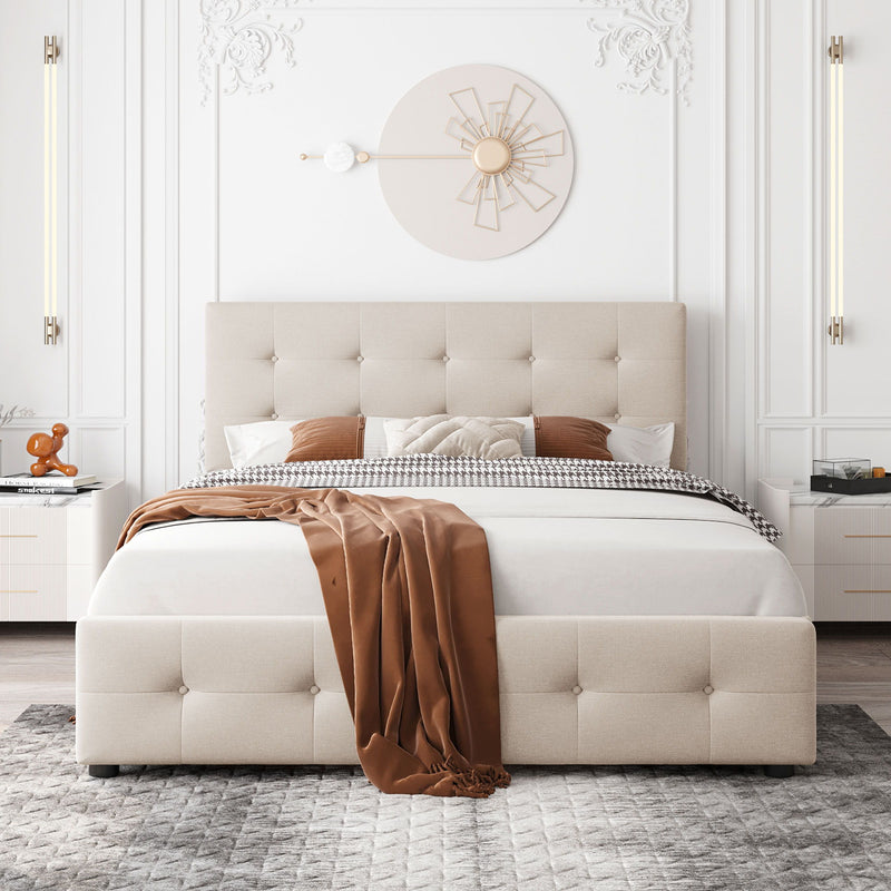 Queen Size Upholstered Platform Bed With Classic Headboard And 4 Drawers, No Box Spring Needed - Beige