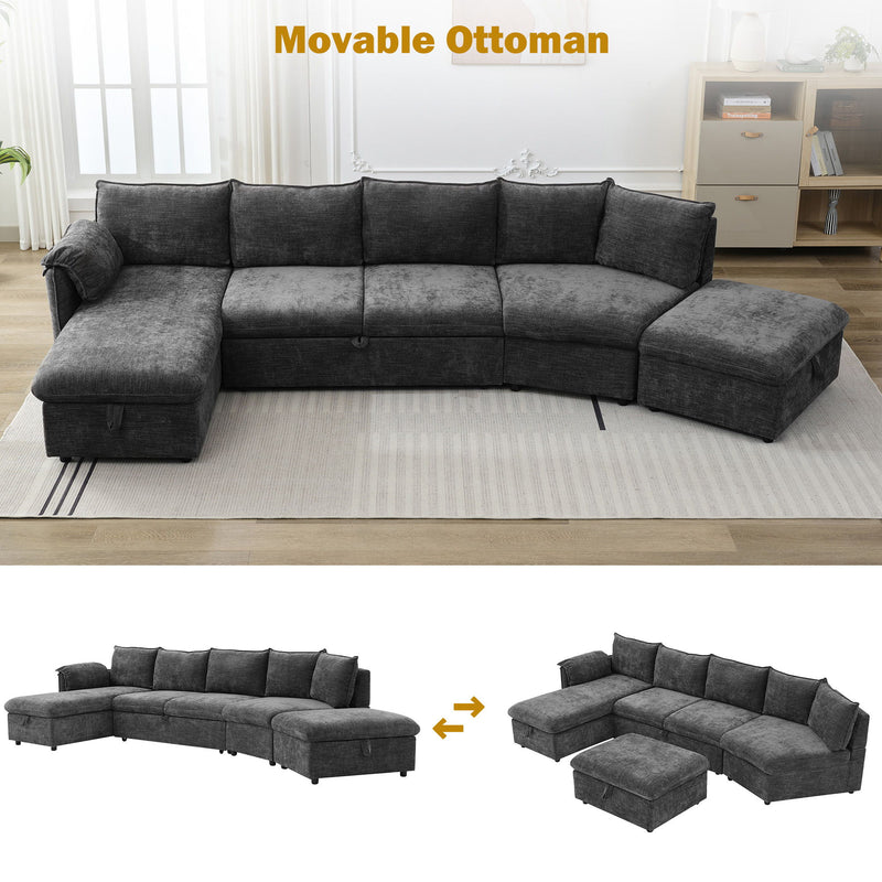 L-Shaped Sofa Sectional Sofa Couch Pull-Out Sofa Bed With A Movable Storage Ottoman, A Storage Chaise Lounge And Two USB Ports For Living Room