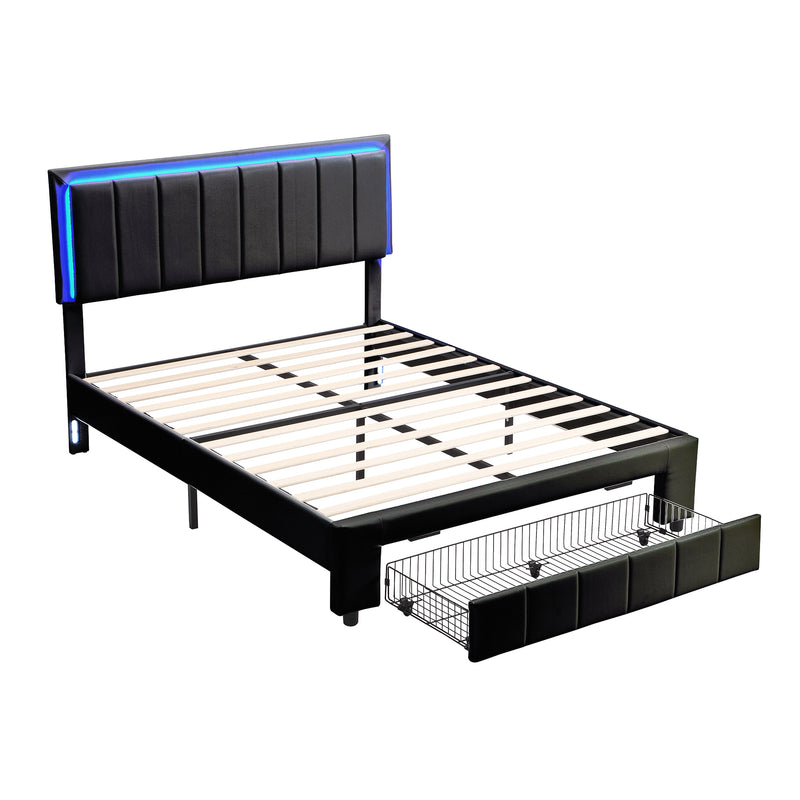 Upholstered Platform Bed with LED Lights and Two Motion Activated Night Lights,Queen Size Storage Bed with Drawer, Black