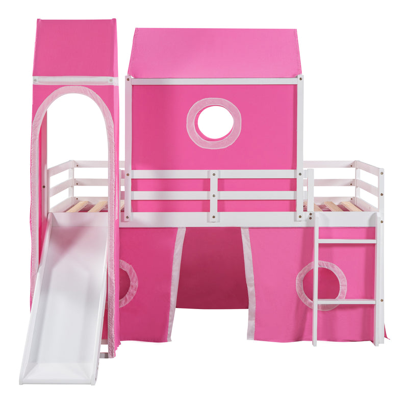 Twin Size Bunk Bed with Slide Pink Tent and Tower - Pink