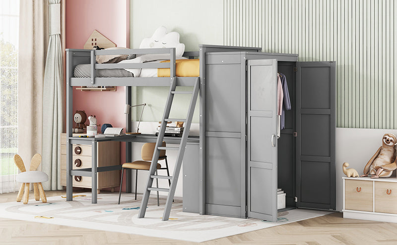 Twin size Loft Bed with Desk, Shelves and Wardrobe-Gray