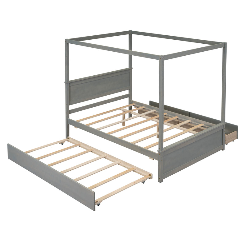 Wood Canopy Bed with Trundle Bed and two Drawers ,Full Size Canopy Platform bed With Support Slats .No Box Spring Needed, Brushed Gray