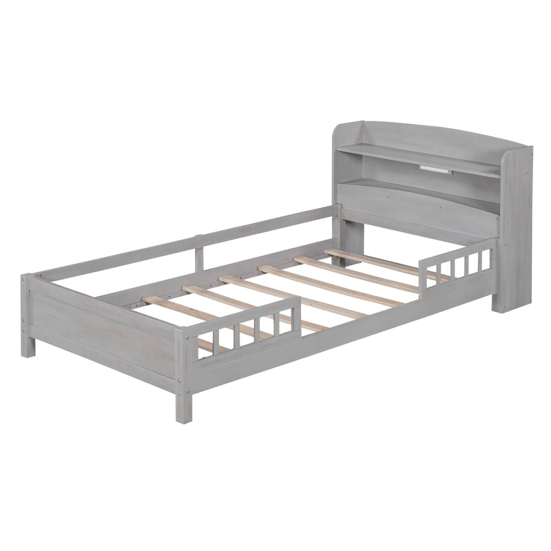 Wood Twin Size Platform Bed with Built-in LED Light, Storage Headboard and Guardrail, Antique Grey