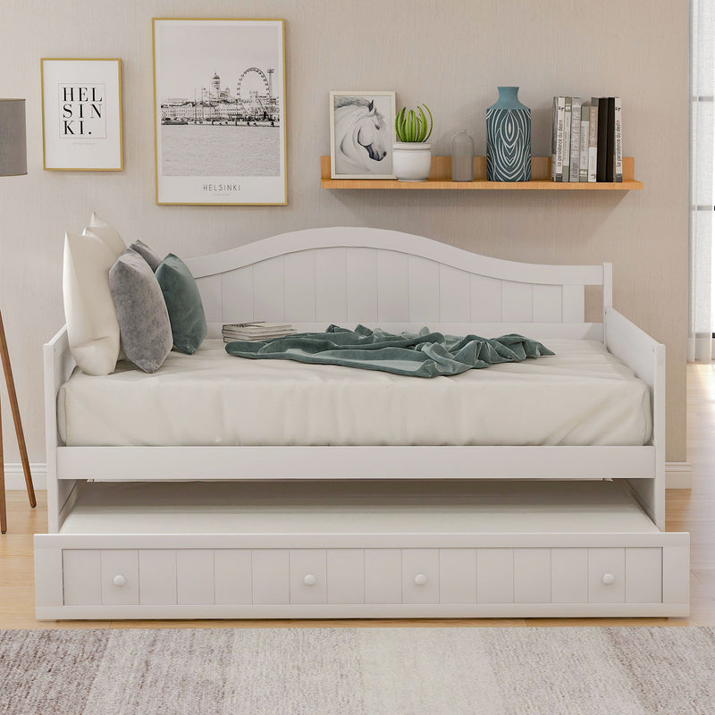 Twin Wooden Daybed With Trundle Bed, Sofa Bed For Bedroom Living Room - White