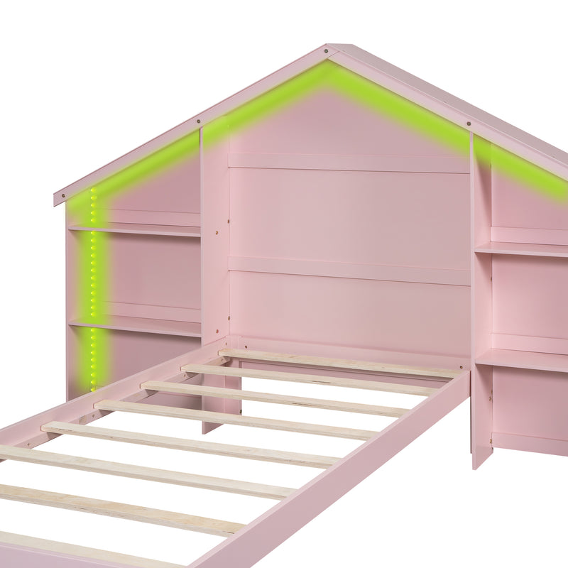 Wood Twin Size Platform Bed with House-shaped Storage Headboard and Built-in LED, Pink