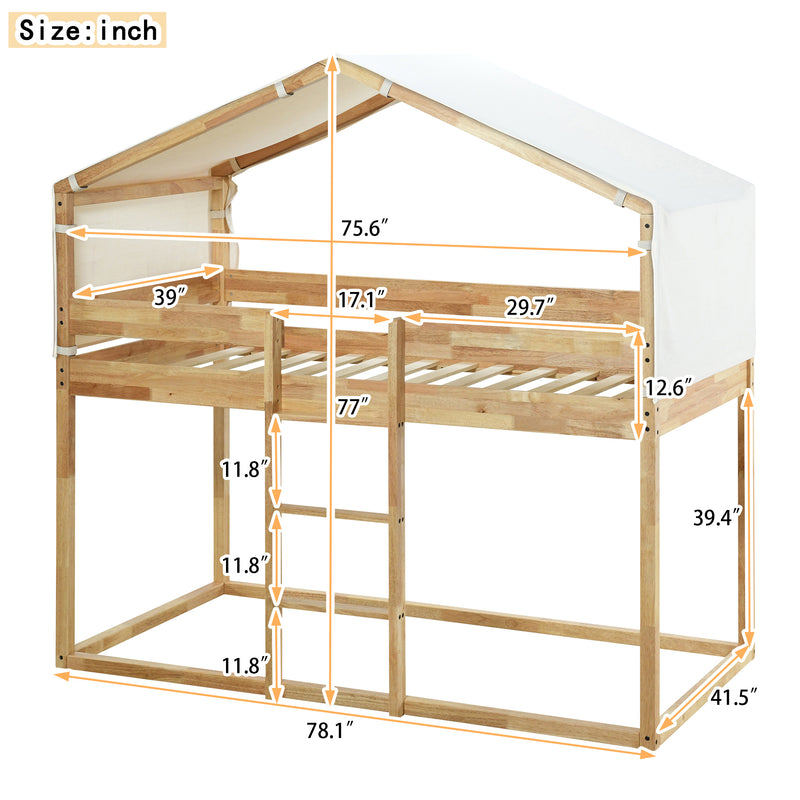 Twin Over Twin Bunk Bed Wood Bed with Tent, Natural