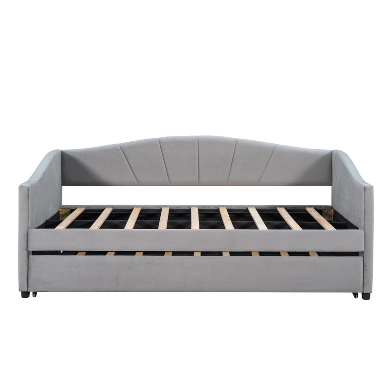 Twin Size Upholstered Daybed Sofa Bed With Trundle Bed And Wood Slat - Gray