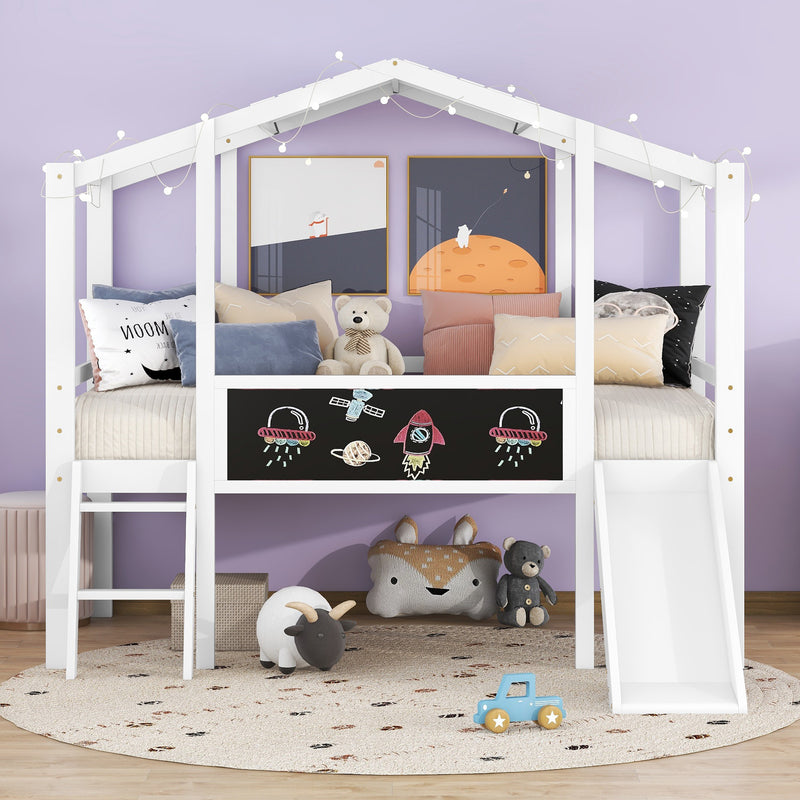 Twin Size Loft Bed with Ladder and Slide, House Bed with Blackboard and Light Strip on the Roof, White