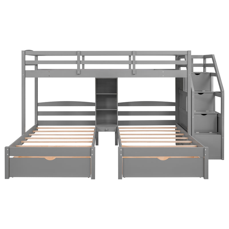 Twin over Twin&Twin Bunk Bed, Triple Bunk Bed with Drawers, Staircase with Storage, Built-in Shelves, Gray