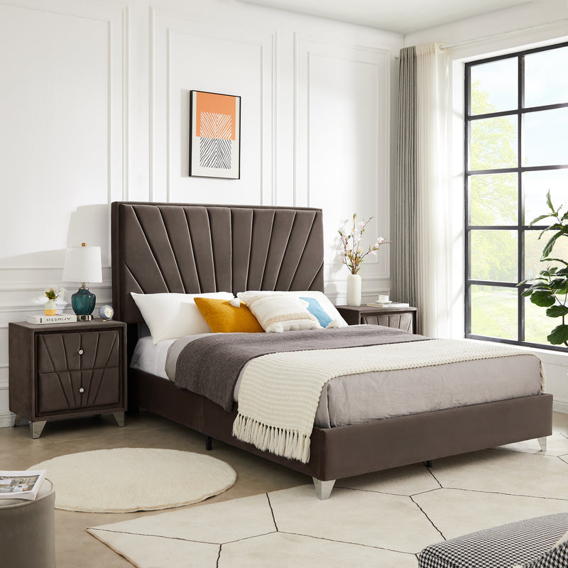 B108 Full bed with one nightstand, Beautiful line stripe cushion headboard , strong wooden slats + metal legs with Electroplate