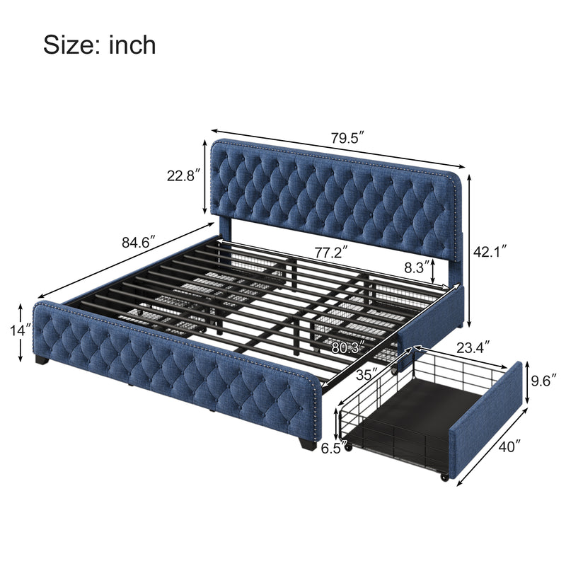 Upholstered Platform Bed Frame with Four Drawers, Button Tufted Headboard and Footboard Sturdy Metal Support, No Box Spring Required, Blue, King (Old sku: BS300277AAC)