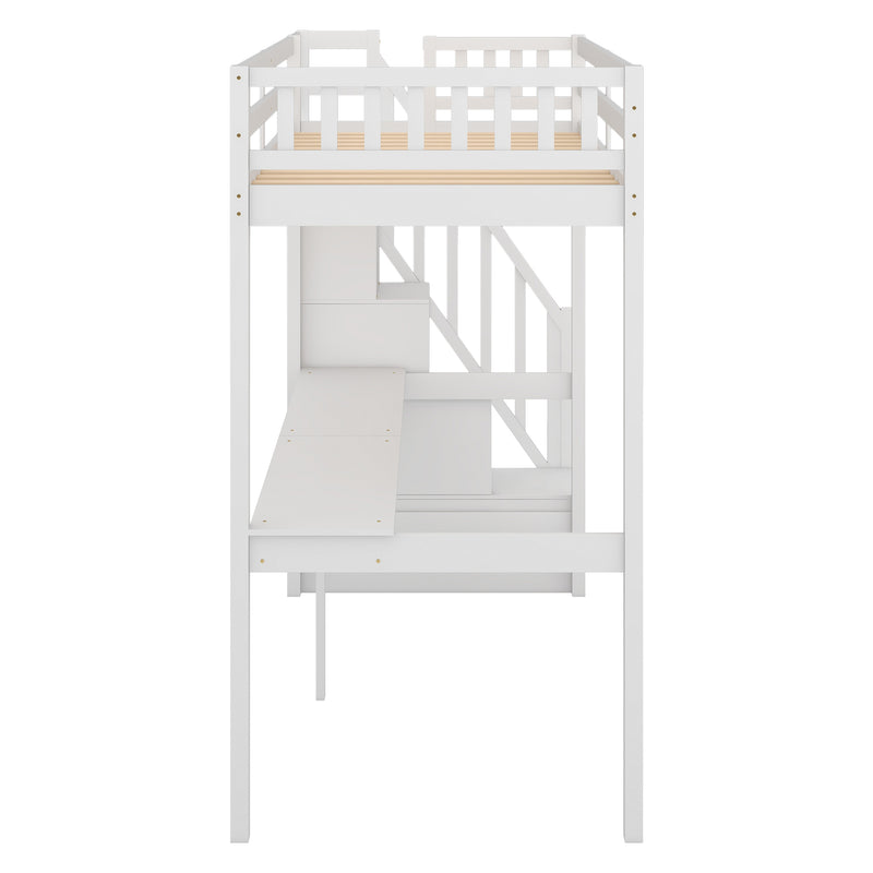 Twin Size Loft Bed with Storage Staircase and Built-in Desk, White (Old SKU:GX000903AAK)