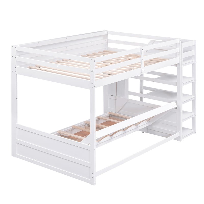 Wood Full Size Convertible Bunk Bed with Storage Staircase, Bedside Table, and 3 Drawers, White