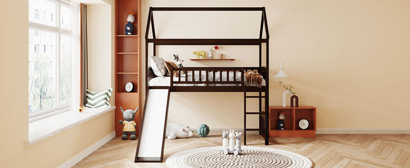 Twin Loft Bed with Slide, House Bed with Slide,Espresso(OLD SKU :LT000212AAP)