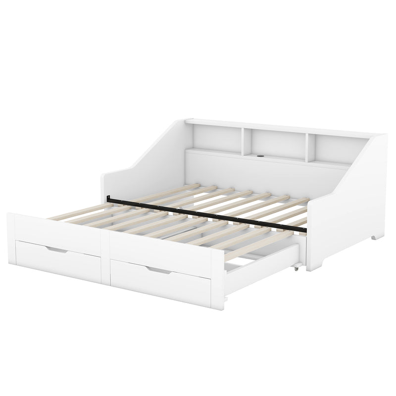 Twin to King Size Daybed Frame with Storage Bookcases and Two Drawers,Charging Design,White