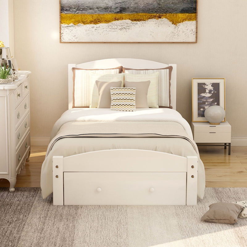 Twin Platform Bed Frame With Storage Drawer And Wood Slat Support No Box Spring Needed - White